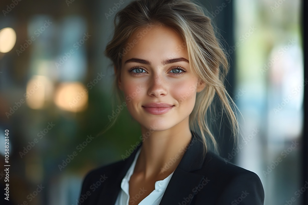 Smiling Businesswoman in Black Blazer with Long Hair and Freckles Smiling Businesswoman in Black Blazer with Long Hair and Freckles