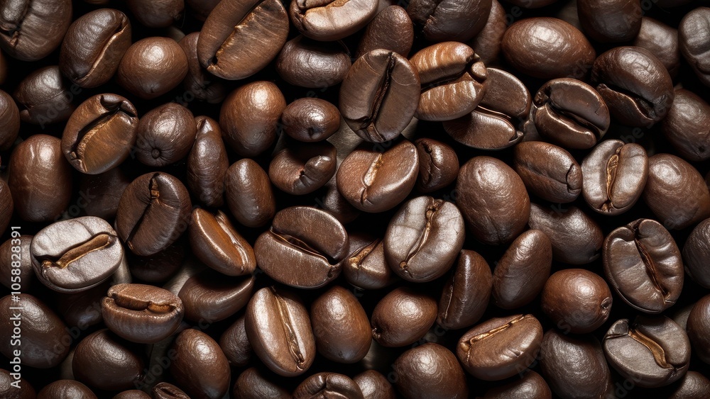 Close-up view of rich, dark roasted coffee beans, highlighting their glossy surface and unique texture. Perfect for coffee enthusiasts and branding Close-up view of rich, dark roasted coffee beans, highlighting their glossy surface and unique texture. Perfect for coffee enthusiasts and branding