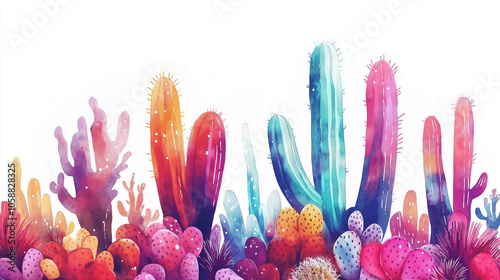 An array of colorful cacti and succulents painted in rich hues of purple, green, orange, and blue, displaying the beauty and variety of desert plant life. photo