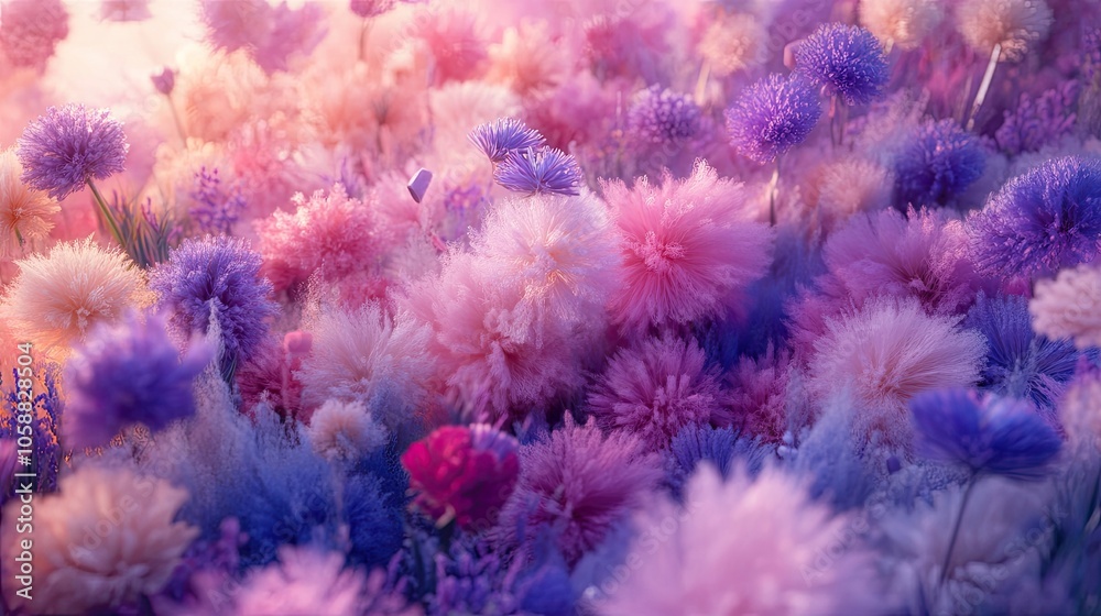 Close-up of a vibrant fluffy meadow flower bed, highlighted by strong ridges, creates a stunning texture in a colorful floral natural light background. Perfect for meadow-themed visuals.