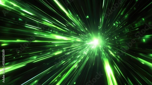 Abstract background featuring futuristic speed motion with green rays of light