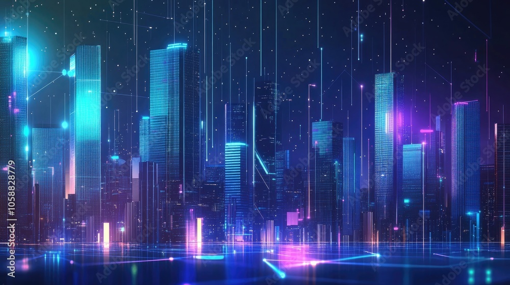 Urban skyline with modern skyscrapers and network interface elements Urban skyline with modern skyscrapers and network interface elements