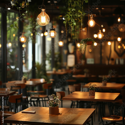 Cozy Restaurant Interior with Wooden Furnishings and Lush Greenery