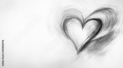 Pencil drawing of an abstract heart with a softly blurred background and ample space for text