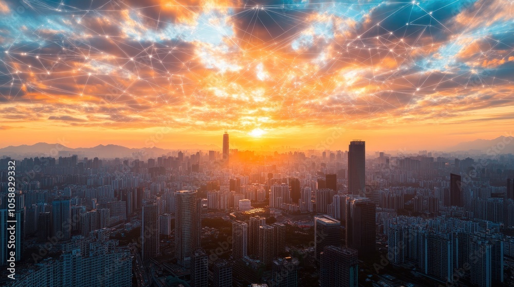 Fototapeta premium Aerial panorama showcasing a city skyline with a network connection theme during a sunrise