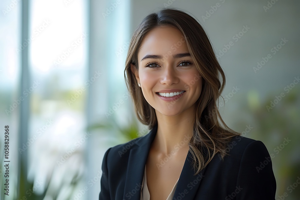 Smiling Businesswoman in Black Blazer, Determined and Friendly Smiling Businesswoman in Black Blazer, Determined and Friendly