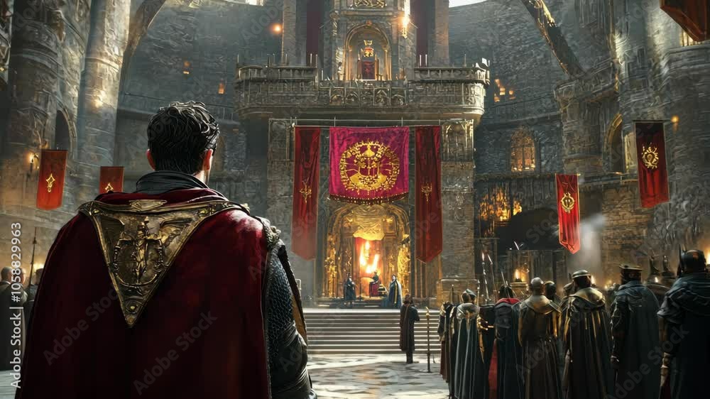 A man in a red cloak walks towards a throne room in a medieval castle, surrounded by other figures in cloaks
