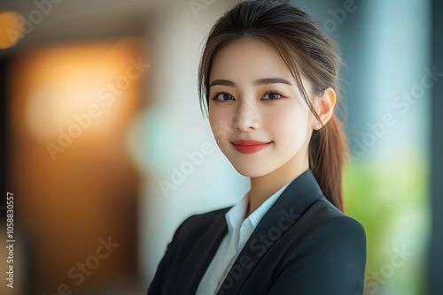 Smiling Businesswoman in Black Suit and White Shirt Looking Confident