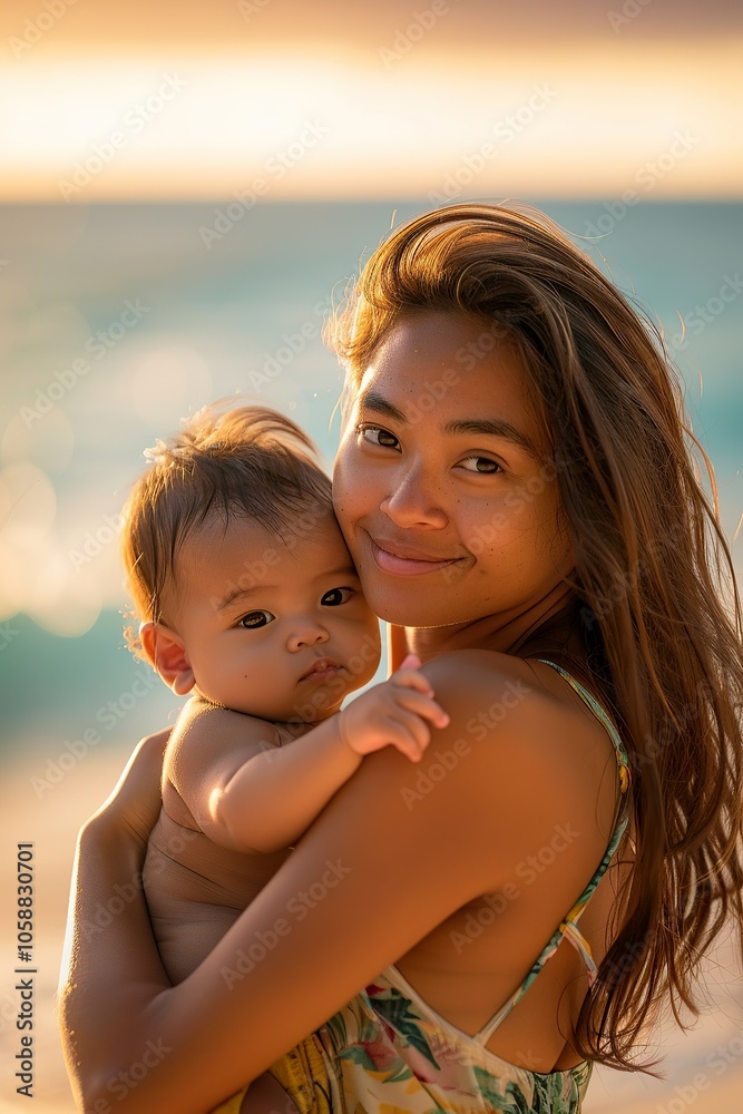 Mother and baby at the beach during sunset. Mother and baby at the beach during sunset.