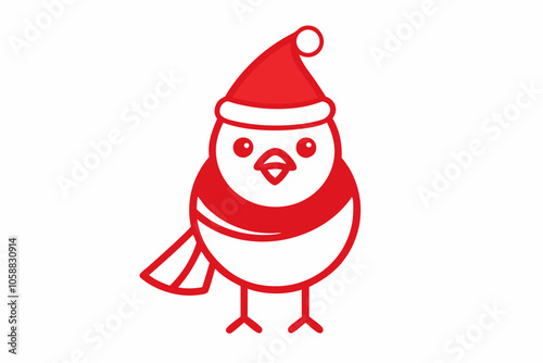  Vector Outline of A cute Cardinal wearing a Santa clause hat and scarf on white background.