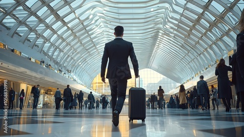Businessman Walking Through Futuristic International Train Station With Bustling Travelers