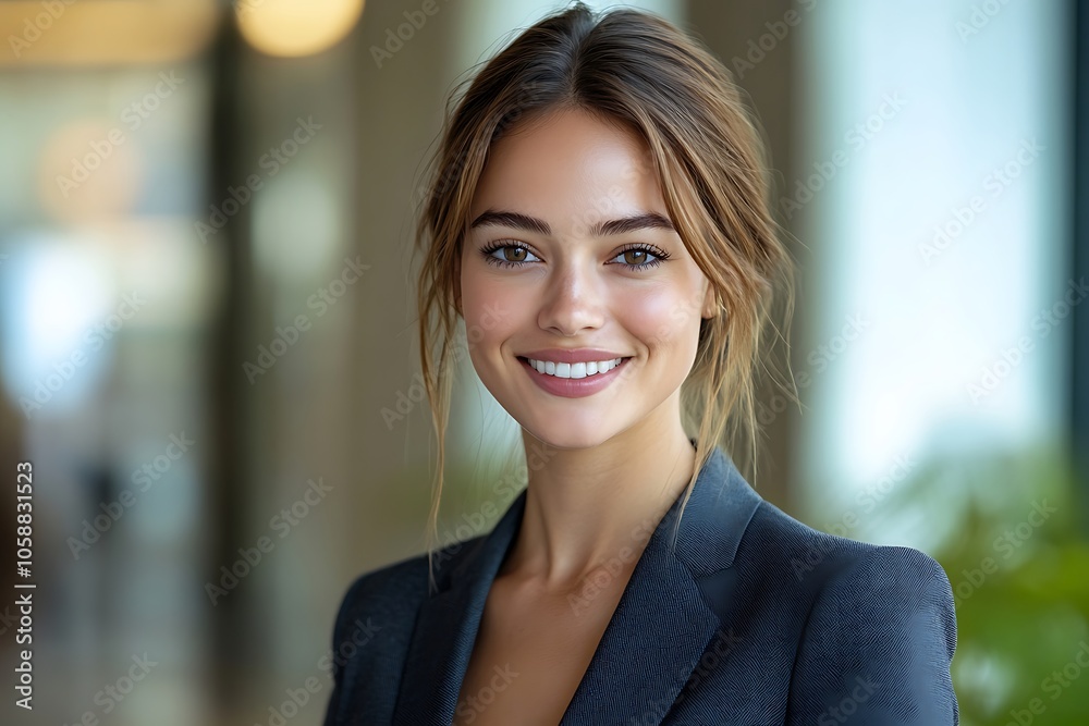 Smiling Businesswoman in Blazer by Window with Natural Light Smiling Businesswoman in Blazer by Window with Natural Light