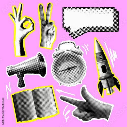 Set of retro halftone design elements. Paper cutout elements with alarm clock, loudspeaker, rocket, pointing hand, speech bubble. Modern collage