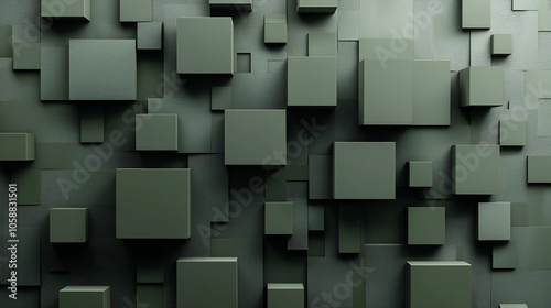 Fototapeta Naklejka Na Ścianę i Meble -  Abstract geometric army green 3d texture wall with squares and square cubes background banner illustration, textured wallpaper
