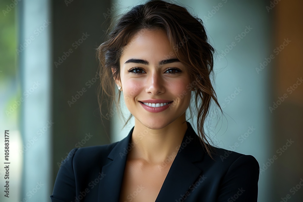 Smiling Businesswoman in Blazer with Diamond Earring in Natural Light Smiling Businesswoman in Blazer with Diamond Earring in Natural Light