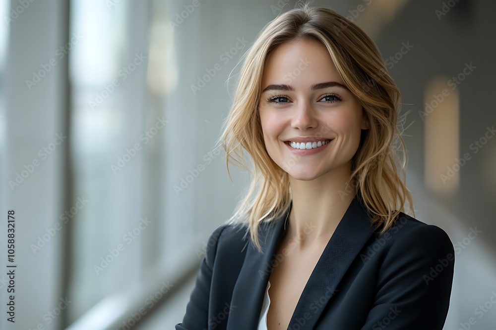 Smiling Businesswoman in Blazer, Relaxed and Friendly Smiling Businesswoman in Blazer, Relaxed and Friendly