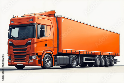 A large, orange semi-truck with a flatbed trailer, parked on a white background photo