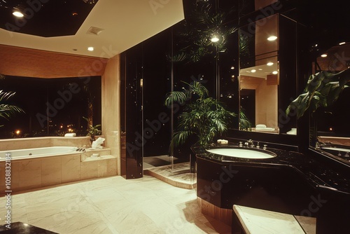1980s luxury interior in Miami, bathroom, night time, black and cream color palette, atmospheric, hidden lighting