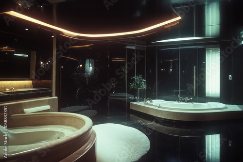 1980s luxury interior in Miami, bathroom, night time, black and cream color palette, atmospheric, hidden lighting