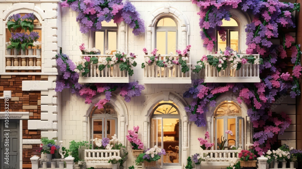 purple white brick with flowers purple white brick with flowers