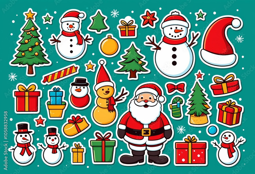 Festive christmas sticker set featuring santa, snowmen, trees, and gifts on a teal background