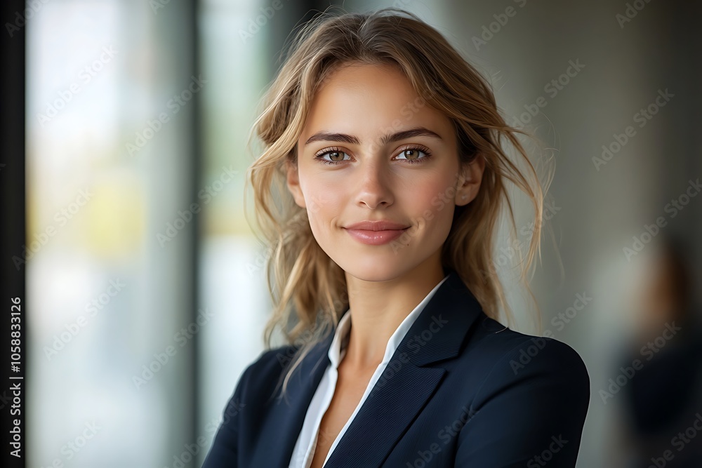 Smiling Businesswoman in Blue Suit with Blonde Hair Near Window Smiling Businesswoman in Blue Suit with Blonde Hair Near Window