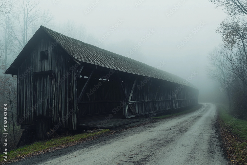 Foggy morning at a historic wooden covered bridge Foggy morning at a historic wooden covered bridge