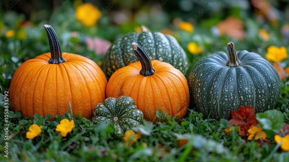 Pumpkins and gourds in the grass on an autumn day, with plenty of copy space, perfect for seasonal banners or decorations Pumpkins and gourds in the grass on an autumn day, with plenty of copy space, perfect for seasonal banners or decorations