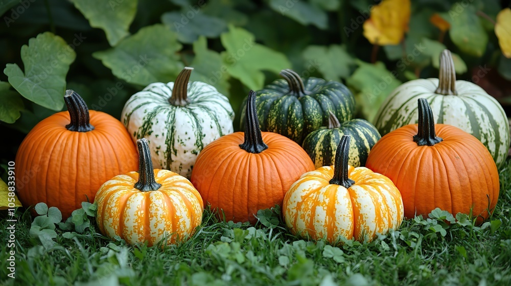 Pumpkins and gourds on grass in an autumn park, with ample copy space for banners or Halloween decoration concepts Pumpkins and gourds on grass in an autumn park, with ample copy space for banners or Halloween decoration concepts