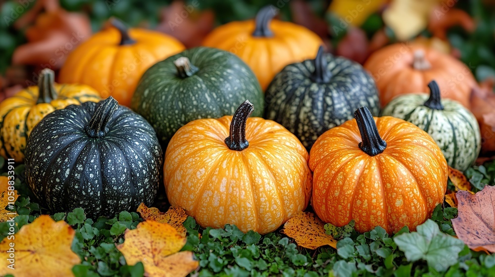 Pumpkins and gourds on grass in an autumn park, with ample copy space for banners or Halloween decoration concepts Pumpkins and gourds on grass in an autumn park, with ample copy space for banners or Halloween decoration concepts
