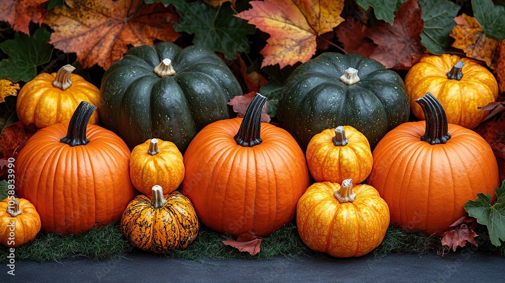 Pumpkins and gourds on grass in an autumn park, with ample copy space for banners or Halloween decoration concepts Pumpkins and gourds on grass in an autumn park, with ample copy space for banners or Halloween decoration concepts
