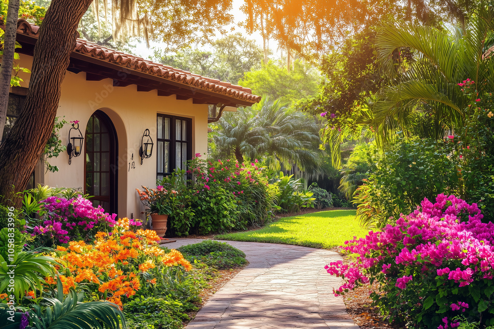 Fototapeta premium Beautiful florida house with bright flowers under clear sky at midday