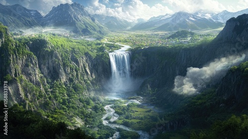 A V-shaped triangular waterfall captures the dynamic force of cascading water amidst a stunning valley landscape. This waterfall exemplifies natures beauty, with ample space for text.