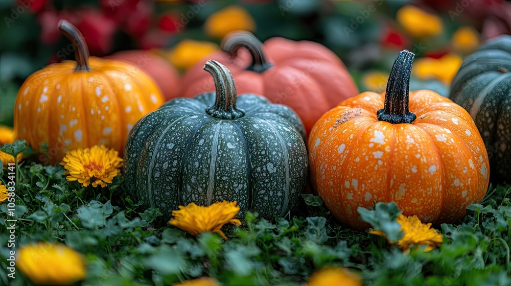 Pumpkins and gourds on the grass at sunset, framed for fall-themed banner or Halloween decoration idea Pumpkins and gourds on the grass at sunset, framed for fall-themed banner or Halloween decoration idea