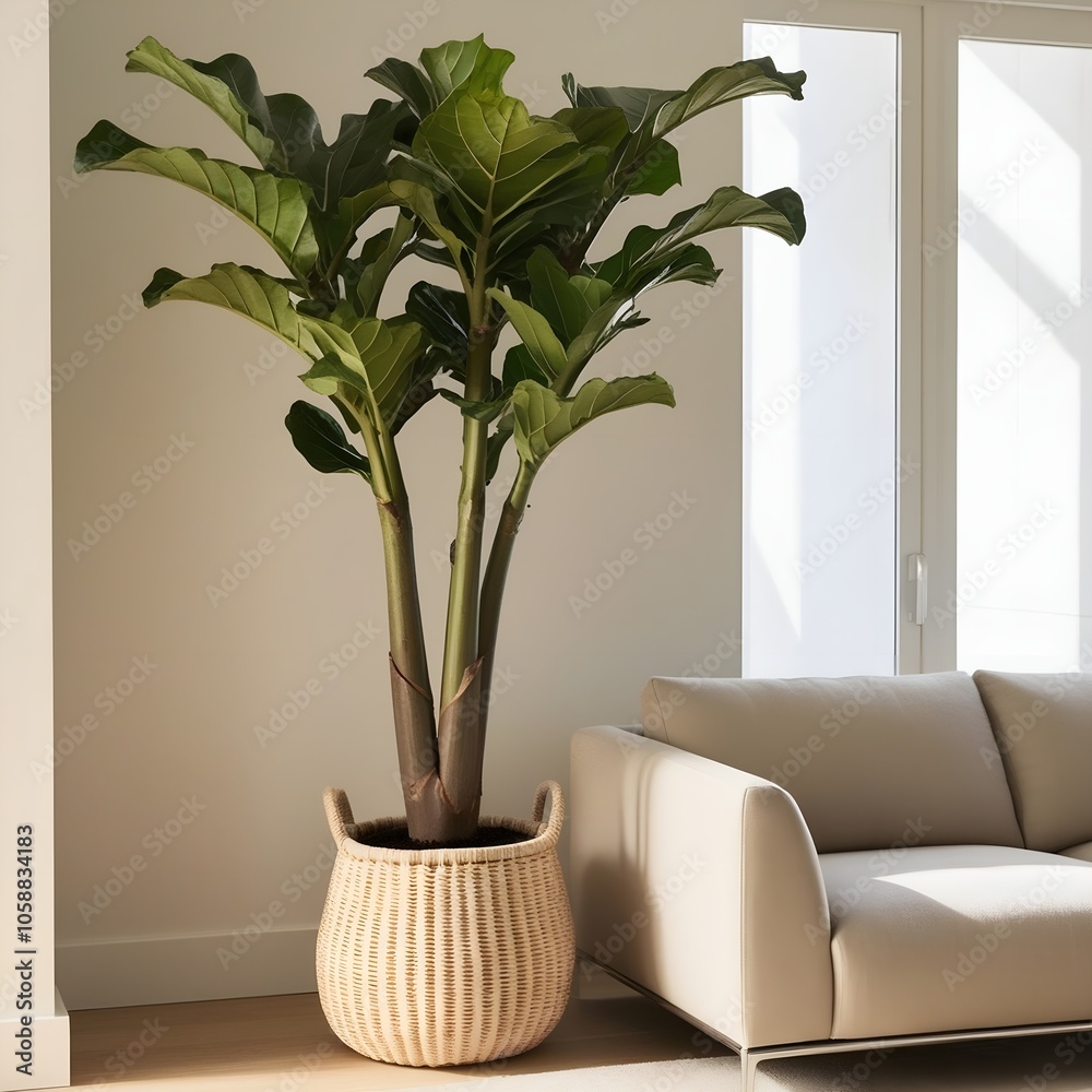 A large fiddle leaf fig plant in a woven basket, standing tall beside a modern sofa, with broad leaves adding a touch of elegance and greenery to the living room A large fiddle leaf fig plant in a woven basket, standing tall beside a modern sofa, with broad leaves adding a touch of elegance and greenery to the living room