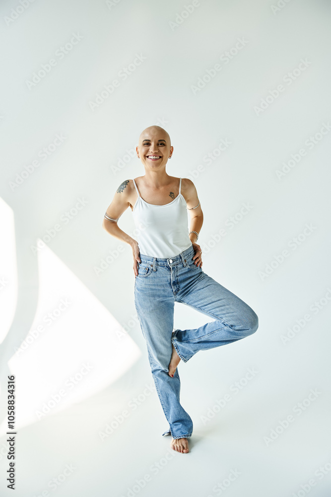 A radiant young woman with alopecia stands gracefully, showcasing her unique beauty and style. A radiant young woman with alopecia stands gracefully, showcasing her unique beauty and style.