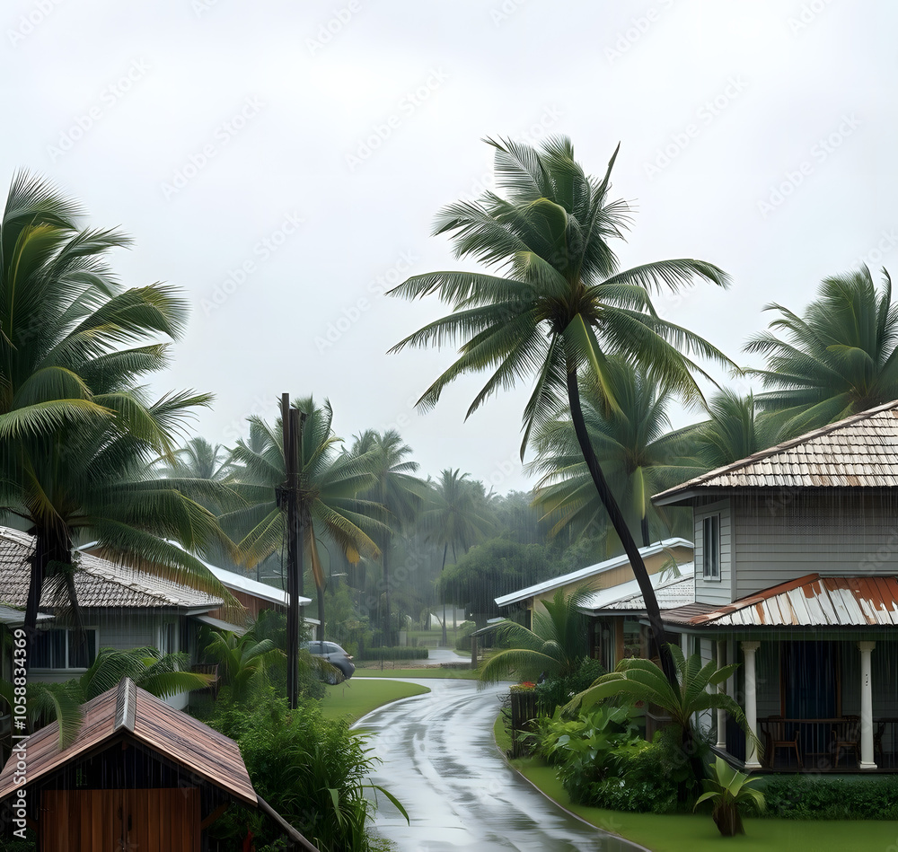 Fototapeta premium The tropical storm with a strong wind bends the trees and breaks the roofs from the houses, while pouring rain collapses into a small town.