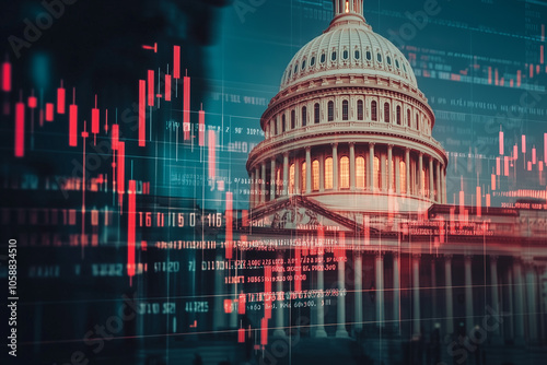 Capitol building with digital stock market graph