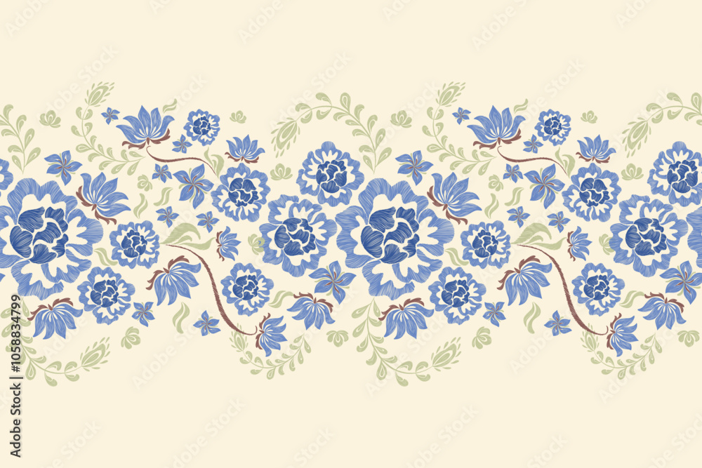 Blue floral border frame pattern seamless floral rose tapestry indigo vintage ethnic Chinese design style Vector illustration.
