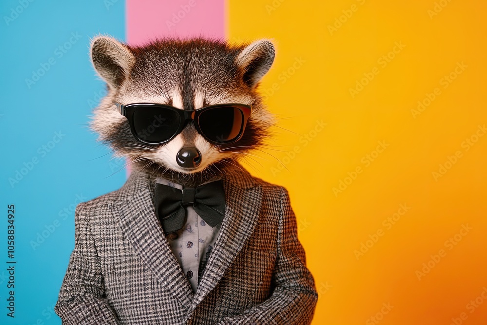 raccoon in black sunglasses in a suit on a plain background. strong happy emotions. different tones. on a bright multi-colored background. raccoon in black sunglasses in a suit on a plain background. strong happy emotions. different tones. on a bright multi-colored background.