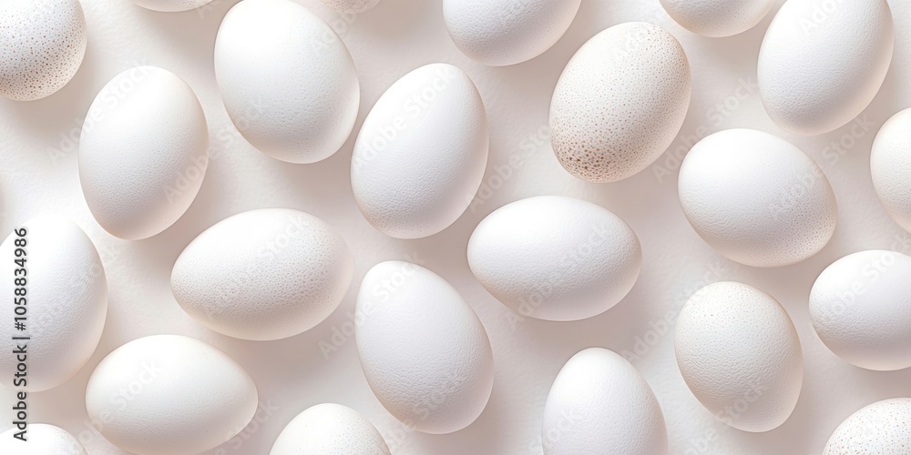 Top view of white chicken eggs arranged on a white background, showcasing the simplicity and elegance of the eggs appearance against the light backdrop. Top view of white chicken eggs arranged on a white background, showcasing the simplicity and elegance of the eggs appearance against the light backdrop.