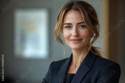 Smiling Businesswoman in Office Setting with Gray Background