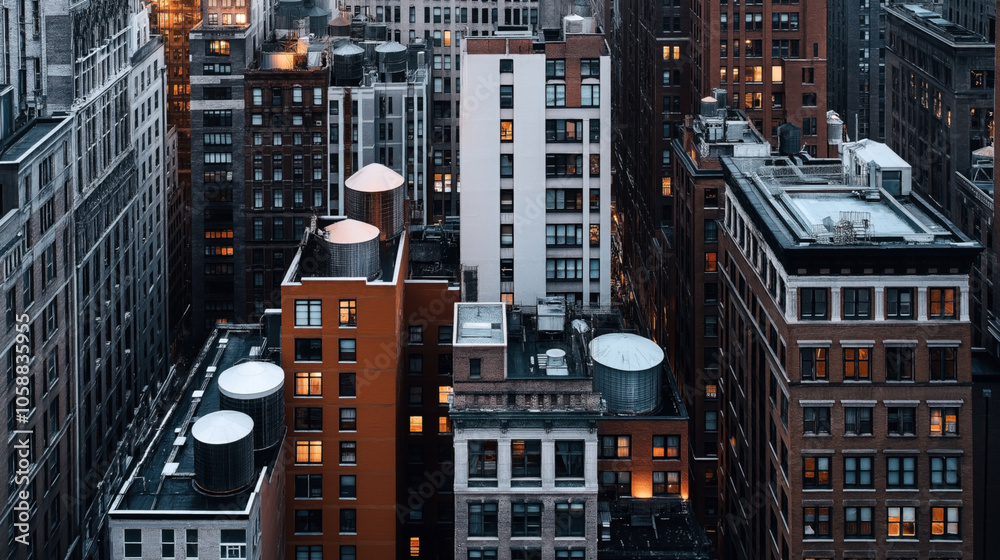 Aerial view of densely packed urban buildings with brick facades, rooftop water tanks, and illuminated windows at dusk. Aerial view of densely packed urban buildings with brick facades, rooftop water tanks, and illuminated windows at dusk.