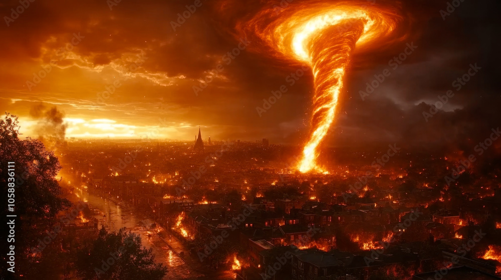 Unreal fire tornado over city, apocalypse, wrath of God, end of civilization