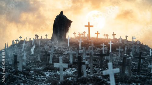 Dark warlock on old cemetery photo