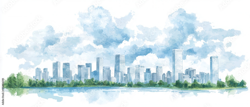 Obraz premium A serene watercolor skyline of a modern city reflected in water, framed by lush greenery and soft, fluffy clouds.