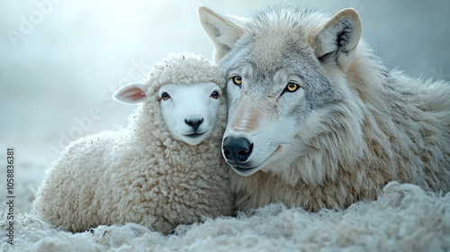 Wolf and sheep are buddies, impossible friendship photo