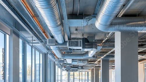 Modern office building ceiling with exposed industrial ventilation system, air ducts, and natural lighting from large windows photo