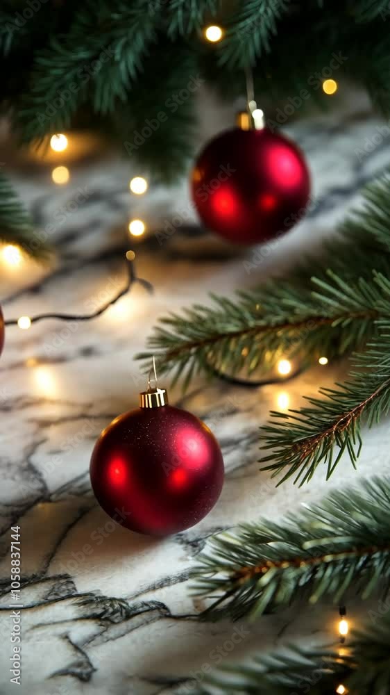Festive holiday scene with red ornaments and evergreen branches Festive holiday scene with red ornaments and evergreen branches