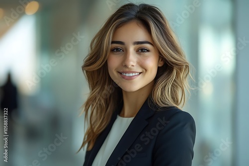 Smiling Businesswoman in White Blouse and Black Blazer Headshot